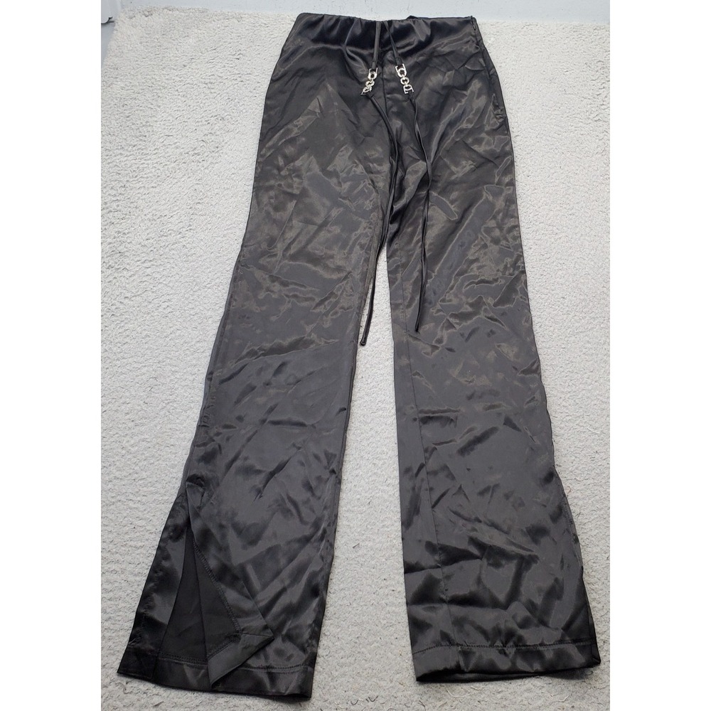Princess Polly Matina Pants Womens 4 Black Satin Ankle Slit Wide Leg Side Zip